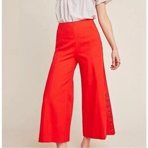 Anthropologie Vibrant Orange Red Wide-Leg Linen Culotte Pants Size 2